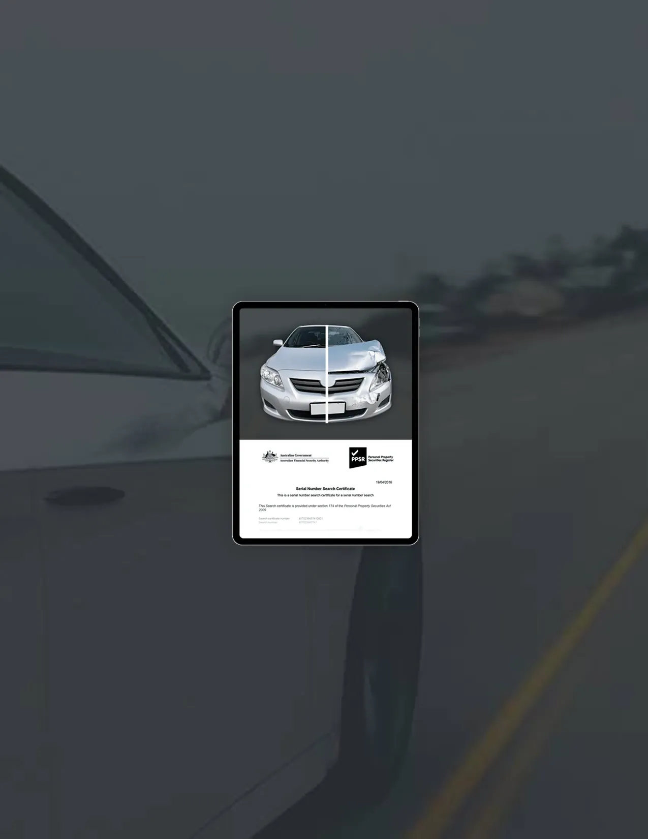 PPSR car history check certificate on tablet screen