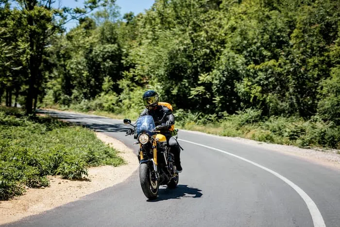 A motorcyclist rides a touring bike on a winding road surrounded by green trees and shrubs.