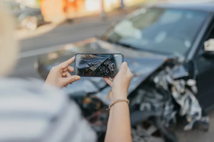 A driver takes a photo of their wrecked vehicle after a car accident.