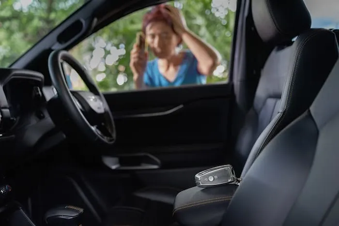 A woman calls roadside assistance as she stares through her car window at her keys locked inside the vehicle.