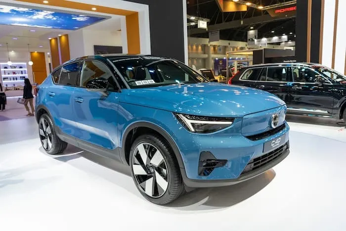 Blue Volvo C40 Pure Electric parked inside shopping centre