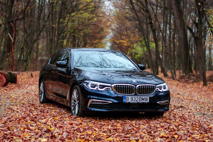 Black BMW 5 Series parked on leaves outside