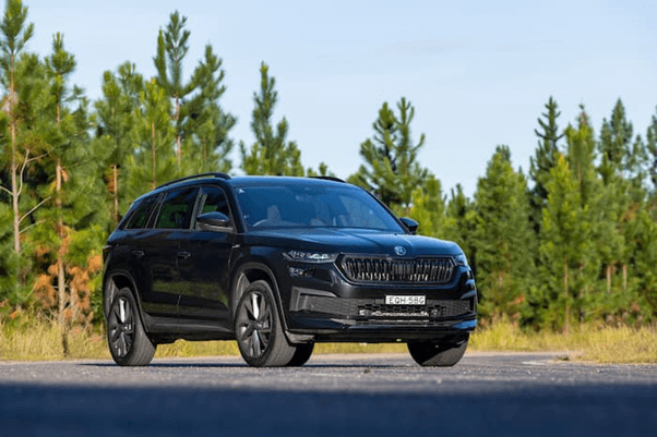 Black Skoda Kodiaq parked in the middle of the road in front of forest