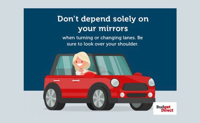 Don't depend solely on your mirrors when turning or changing lanes. Be sure to look over your shoulder.
