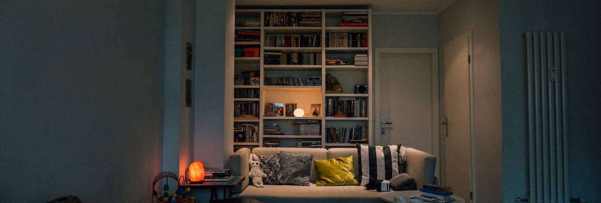 Living area with couch and in-built bookcase in wall