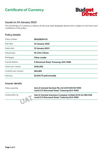 Example Certificate of Currency