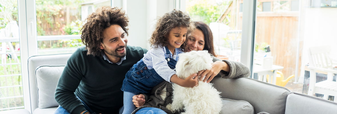 parents and young child play with dog on couch