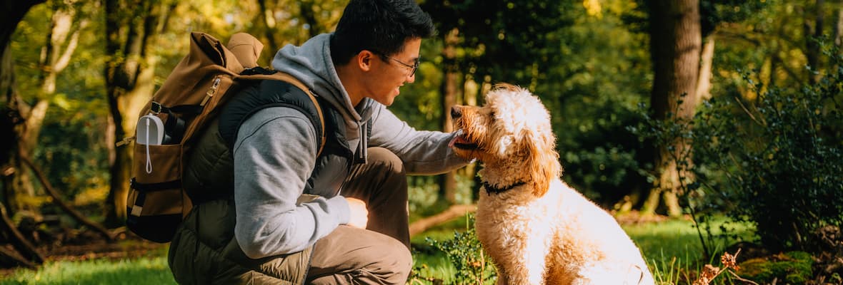 A young man crouches down to pet his goldendoodle on a hike in the woods.