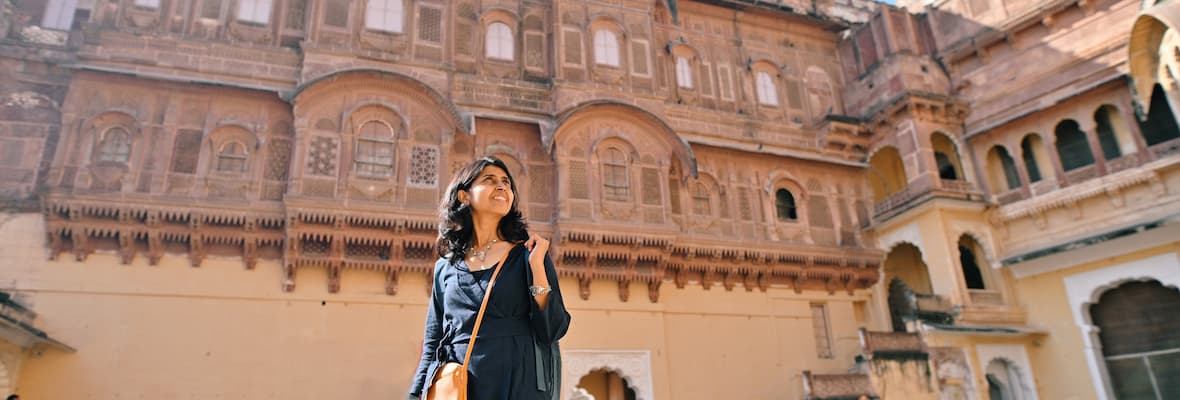 A female tourist explores Mehrangarh Fort in Jodhpur.