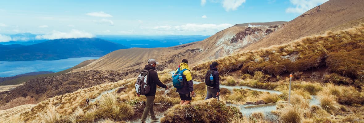 A group of friends hike up a volcano in New Zealand